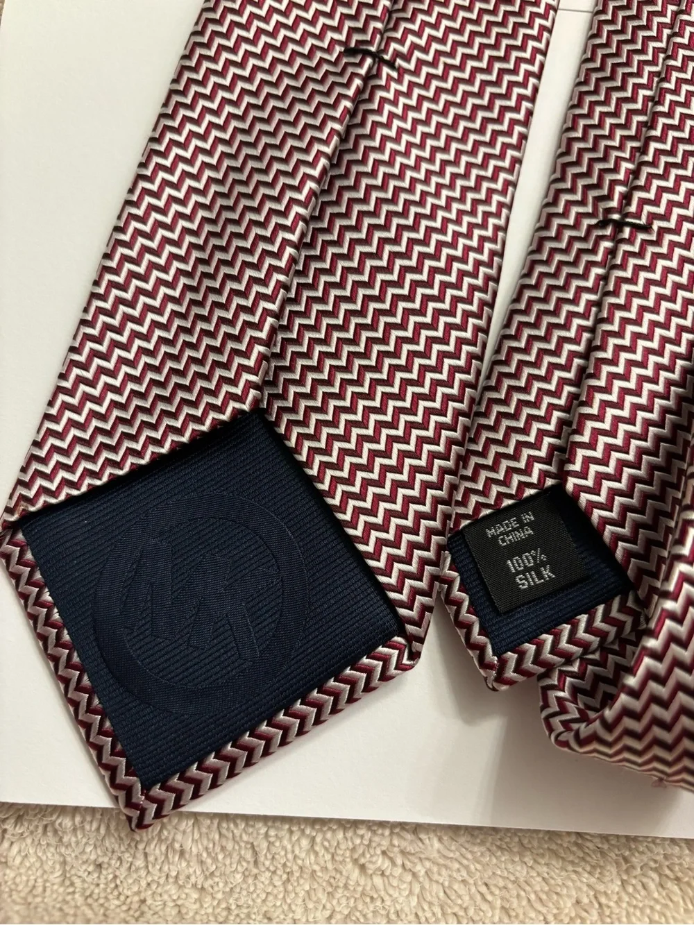 Michael Kors Silk Tie Burgundy White Chevron Pattern